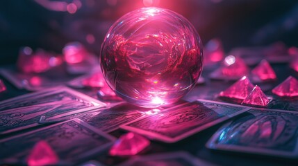 A crystal ball resting on tarot cards, surrounded by pink crystals, with ethereal lighting that creates an aura of mystery and intrigue