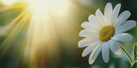 Daisy with white petals close up detail against natural green background, spring is coming seasonal concept.