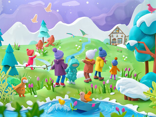 A group of children are playing in a snowy landscape. They are wearing winter clothes.