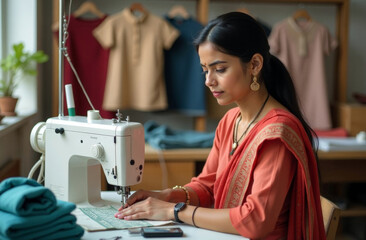Indian woman seamstress in casual traditional clothes at her workplace in a modern clothing workshop. Small local business concept. Sewing workshop at home. Repair and tailoring of clothes.