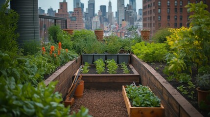 Urban Rooftop Garden with Lush Vegetables and City Skyline Background