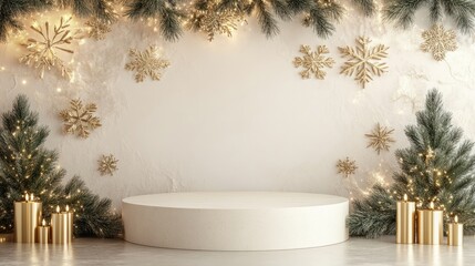 3D-Rendered white and luxry podium with christmas ornaments. xmas stage with white background