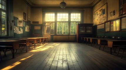 A sunlit, empty classroom with wooden floors, large windows, and scattered furniture, exuding a nostalgic and serene atmosphere.
