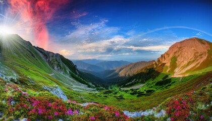 Waves of light in the mountain valley stretch into the sky