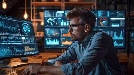 Data scientist using a computer to conduct data mining, with a digital landscape of data points