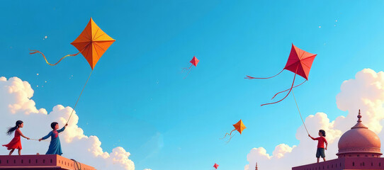 Happy Makar Sankranti. indian children flying kites on the rooftops during the festive of Makar Sankranti.  Hindu harvest festival, celebrated at the winter solstice. Cartoon illustration.