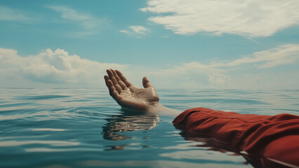 A hand gracefully floating on water during sunset with warm light