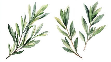 Fototapeta premium Watercolor illustration of green leaves and branches.