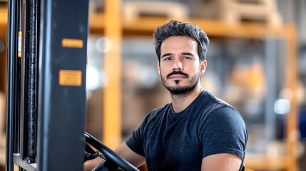 The stark simplicity of a stock minimalist photograph featuring a worker with a serious expression seated on a forklift, set against a blurred warehouse background