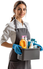 Professional cleaning service worker holds bucket of supplies ,PNG,transparent background,clipart.