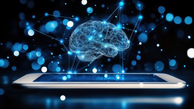 A smartphone displaying a digital brain with connected nodes, symbolizing artificial intelligence and technology innovation against a dark backdrop.