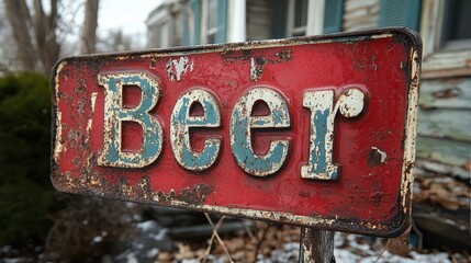 Fototapeta premium An old, weathered metal sign with the word Beer painted in large, bold letters against a red background, depicting a nostalgic, rustic charm in an outdoor setting