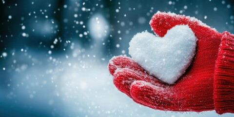 Red gloves with white heart shaped snow on it background winter outdoors.