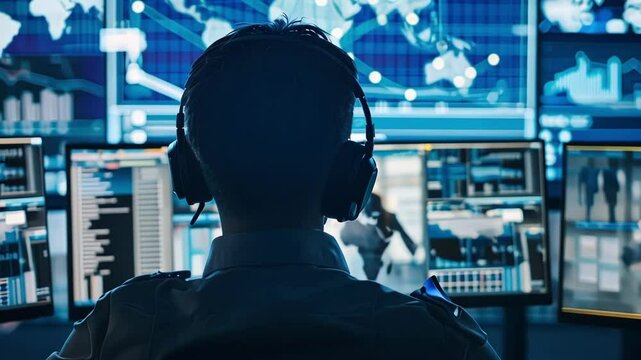 Security officer is working a night shift, monitoring a bank of computer monitors displaying security camera footage and other vital information