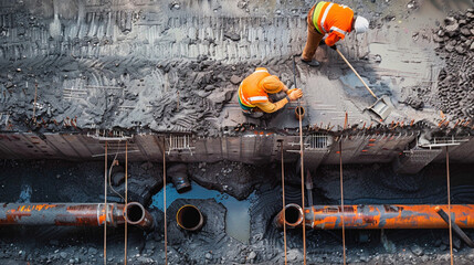 Drinking water plumbing pipeline repair construction in spring time concept. Workers install underground pipes for water, sewerage electricity and fiber optics for the population of urban center.
