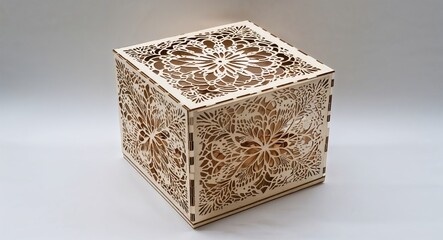 Decorative box with intricate laser cut patterns for visual interest on plain white background