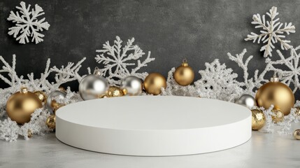 white empty podium with snowflake and balls. christmas stage