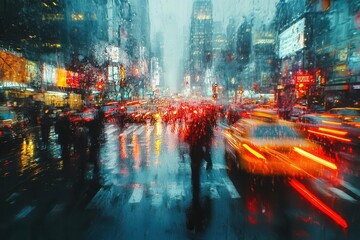 Fototapeta premium blurry scene of a bustling city street with pedestrians crossing at a traffic light capturing the energy and rhythm of urban life infused with a sense of movement and vitality