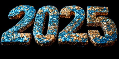 A vibrant representation of the year 2025 adorned in sparkling blue and gold glitter on a black background to signify celebration and new beginnings
