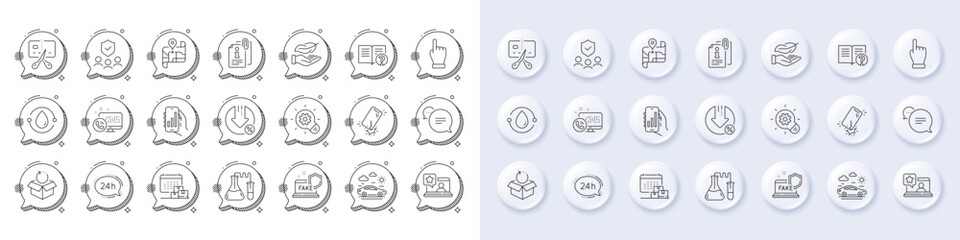 Chemistry lab, 24h service and Attached info line icons. White pin 3d buttons, chat bubbles icons. Pack of Online rating, Car travel, Cogwheel icon. Vector