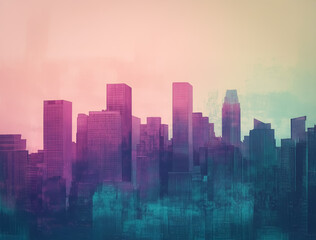 A stylized urban skyline with simplified skyscrapers rendered in calming pastel hues, evoking a dreamlike atmosphere.