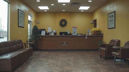 An inviting and well-organized office reception area featuring comfortable seating, a welcoming desk, and bright lighting that creates a professional atmosphere