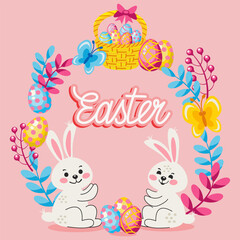 children's illustration Happy Easter cute bunnies and eggs