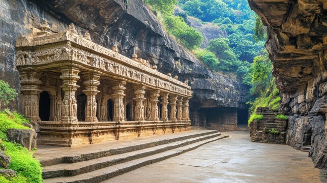 A dramatic close-up of the detailed carvings on the walls of the Bhimashankar Temple, showcasing the artistry and architectural style of this sacred site