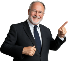 Business man smiling and pointing at copy space on side,PNG,transparent background,clipart.