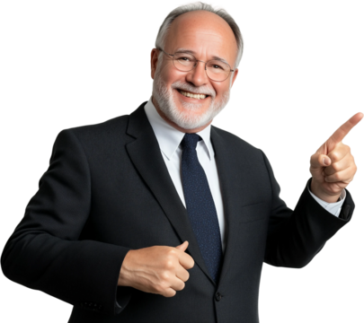 Business man smiling and pointing at copy space on side,PNG,transparent background,clipart.