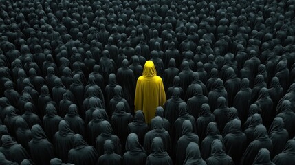 Obraz premium A figure in a yellow hooded cloak stands out amidst a sea of black robed individuals in a striking visual statement