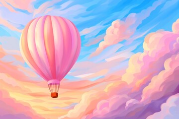 Obraz premium Pink hot air balloon soaring amidst vibrant pastel clouds at sunset