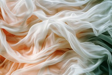Fototapeta premium Soft, undulating waves of translucent fabric create an ethereal dance of light and shadow in hues of peach, cream, and forest green.