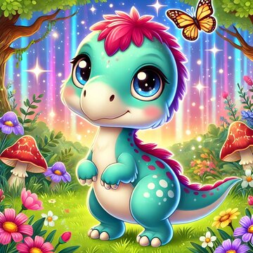 Adorable Troodon dinosaur in enchanted forest - whimsical cartoon illustration for kids