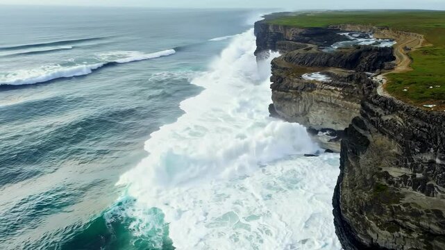 AI generated aerial scenic view of foamy waves crashing onto a rocky cliff with a grassy cover