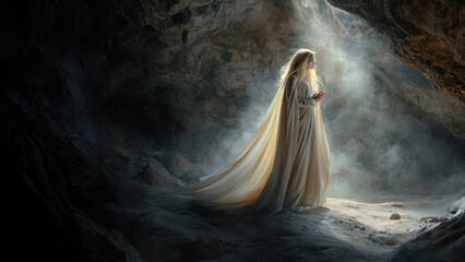 A mysterious glowing spirit figure in an ethereal dark cave setting