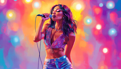 Singer performing live on stage with colorful bokeh lights
