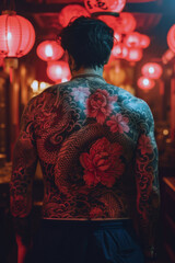 Back view of tattooed man standing in room adorned with red lanterns, highlighting intricate body art and vibrant atmosphere of Yakuza crime syndicate