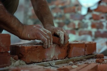 Hands lay bricks with precision and focus, capturing the art of masonry and dedication in a scene of construction and craftsmanship.