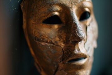 Obraz premium A cracked ancient mask with a weathered patina, staring blankly, unfurls stories of mystery and forgotten realms.