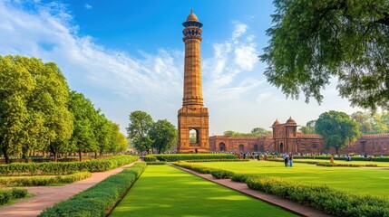 A dramatic view of the towering Qutub Minar, highlighting its detailed carvings and the historical significance of this iconic landmark in Delhi
