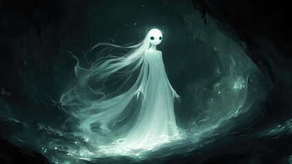 A mysterious glowing spirit figure in an ethereal dark cave setting