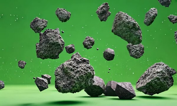 swarm of asteroids isolated on green screen background