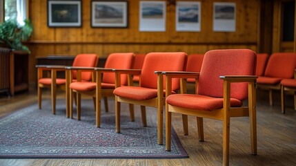 Rows of red chairs with wooden arms and legs in a room with a patterned rug and wooden walls.