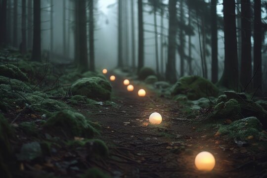 A mysterious forest path is illuminated by glowing orbs, leading into the misty depths and evoking a sense of wonder and enchantment.