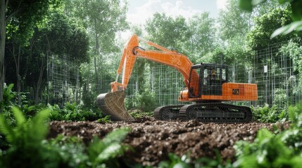 A dynamic render of an excavator in action, digging into the earth, with engineering schematics overlaying its mechanical features and design