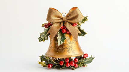golden christmas bell with ribbon isolated on white