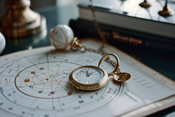 An intricate astrological chart and vintage timepiece rest upon a table, hinting at the mysteries of celestial navigation.