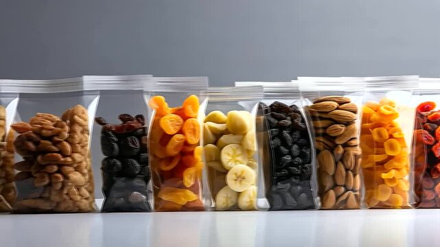 An assortment of resealable packaging bags filled with dried fruits and healthy snacks, arranged in an eye-catching display, perfect for grocery stores and health food markets.