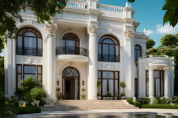 Obraz premium The image shows a grand, elegant white mansion encompassed by greenery, featuring impressive columns and intricate architectural details for a luxurious ambiance.